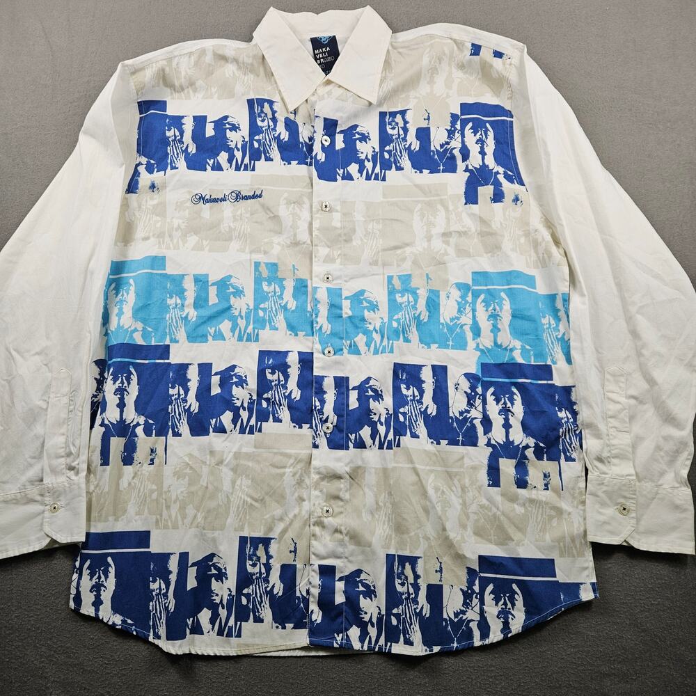 Makaveli Tupac Shirt Button Up Y2K Hip Hop Rap White Blue Mens XL Big and Tall